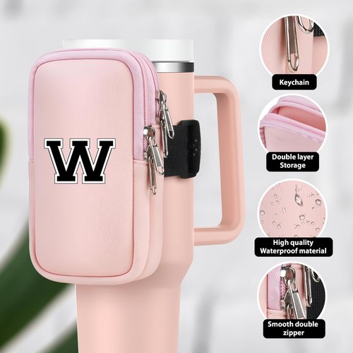 SAMUSAI Initial Water Bottle Carrier Bag for Stanley-Tumbler pouch with Zipper Pocket Travel mug pouch- Personalized A-Z Phone Pocket for Stanley Cup Accessories - Detachable Large Phone Pocket