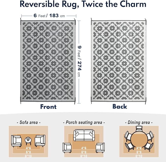 Waterproof Outdoor Rug 6x9 ft, Reversible Plastic Straw Rug, Easy to Clean Patio Rug, Portable Carpet for Patio, RV, Deck, Balcony, Backyard, Picnic, Beach, Square Dashed, Gray