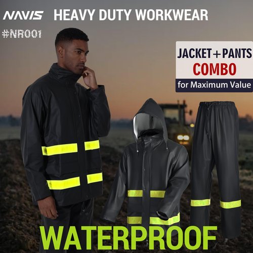 Men's PRO Workwear 3-Piece Waterproof Rain Jacket & Pants Set - Heavy Duty PU Eco-Friendly Hi-Vis Reflective Design(Reflective Black,XX-Large)