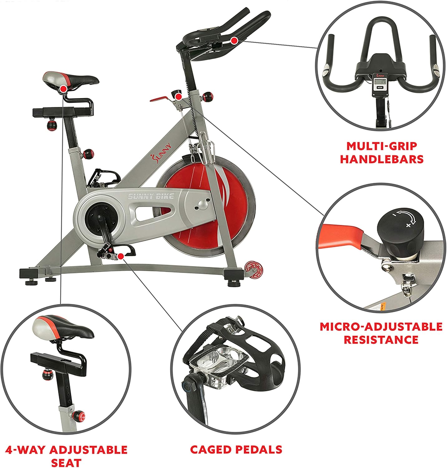 Sunny Health & Fitness Stationary Exercise Bike Machine w/ Adjustable Cushion Seat & Multi-Grip Handlebar, Indoor Cycling Equipment for Home Cardio Training, Optional Magnetic or Friction Resistance