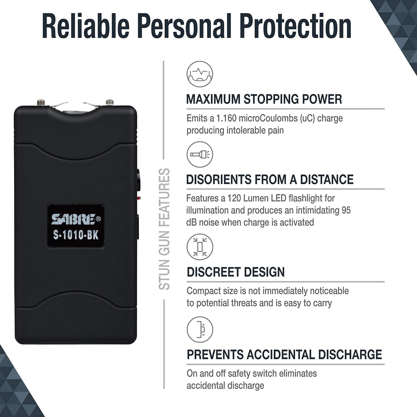 SABRE 2-in-1 Stun Gun with LED Flashlight, Self Defense Stun Gun with Painful 1.160 µC Charge, 120 Lumens, Rechargeable Battery, Easy to Use Safety Switch, Belt Holster for Quick Access