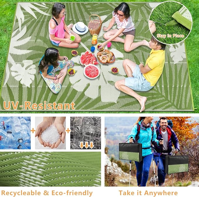 Homcomoda Outdoor Rugs 8’x10’ Waterproof Reversible Patio Rugs Outdoor Clearance Lightweight Outdoor Rugs Portable RV Camping Mats for Tents Deck Porch BBQ Beach Backyard