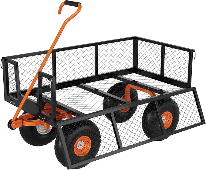 Heavy Duty 500 Lbs Capacity Steel Garden Cart, 3-In-1 Utility Metal Wagon, with Removable Mesh Sides to Convert Into Flatbed, 180° Rotating Handle and 10" Tires