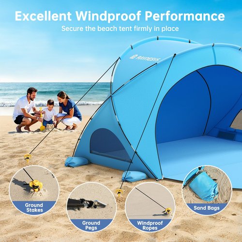 Raynesys Beach Tent Sun Shelter, Portable Beach Shade with UPF50+ UV Protection for 1-3 Person, Sun Shade Tent with 2 Zippered Doors, Cool Cabana for Sand Camping Fishing, Blue