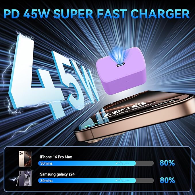 Phone 16 Pro Max Charger Fast Charging, 45W Super Fast USB C Charger Block with 10FT Long Charging Cord Cable for Phone 16 Pro Max/16 Pro/16/16 Plus,15 Pro Max/15 Pro/15,Android Phone-Purple
