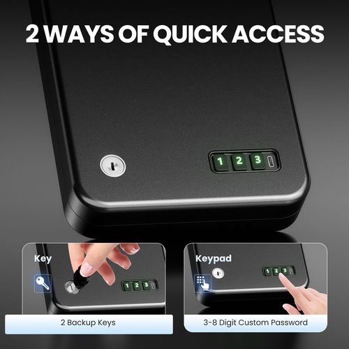 Grimtron Portable Pistol Safes – Electronic Lock Box & Key Access, Silent Mode, Compact Car Gun Safe for Handgun, Small Single Safe for Travel, Office, Dorm Use