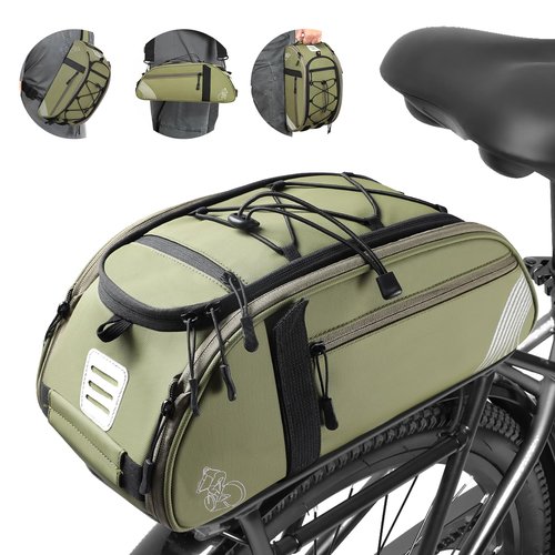 BEEYEO Rear Bike Rack Bag Waterproof Bike Bags with Reflector, Rain Cover & Shoulder Strap for Commuter Travel Outdoor, Green