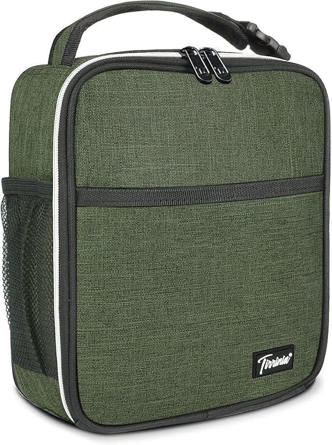 Tirrinia Small Insulated Lunch Bag for Men Women, Green, 8.5in x 4in x 9.5in, Keeps Food Cold Fresh for Hours