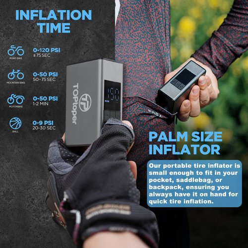 TOPtoper Tiny Bike Pump with Gauge, Max 150 PSI Portable Bicycle Tire Pump with Auto Stop, Mini Electric Bike Air Pump with Presta and Schrader Valve