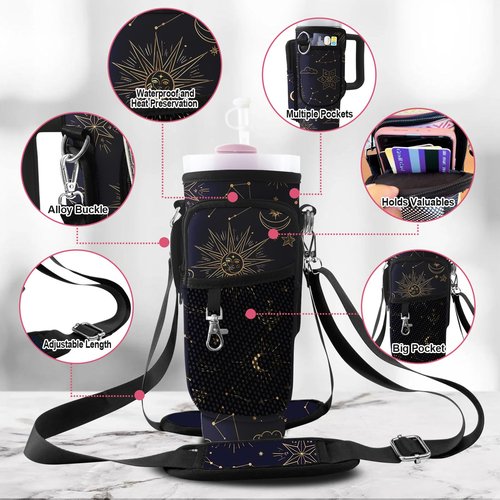 LAOTANGJIA Stanley Cup Bag with Strap Water Bottle Holde 40oz Tumbler Carrier with Strapand 2 Stanley Cup Bag with Strap Stanley Cup Accessories for Hiking Travelling Camping Sun Moon and the Stars