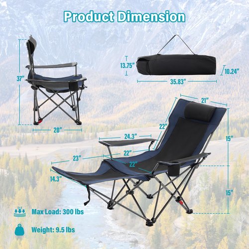 Reclining Camping Chair with Foot Rest, Folding Lounge Chair for Adults,Outdoor Chair Support 300 lbs with Adjustable Backrest &Cup Holder Portable Recliner Beach Chair for Lawn Outside,Navy