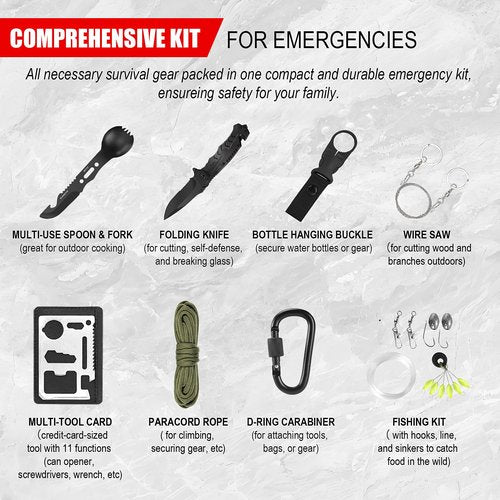 146Pcs Survival First Aid Kit, Car Emergency Trauma Kit with Military Grade Survival Tools, Medical Supplies & Fishing Gear, for Camping, Travel, Earthquake, Gifts for Men & Women Outdoor Adventures