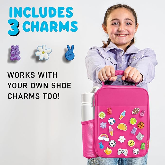 Fit & Fresh Charm Lunch Bag For Kids, Thermal Insulated Lunch Box For Kids Boys & Girls With Shoe Charm Slots For Personalization, School Lunch Box, Pink