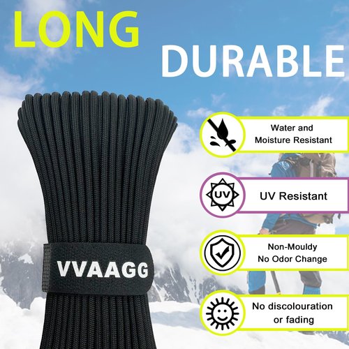 VVAAGG 1000 Black Paracord Rope 100FT Utility Nylon Heavy Duty 12 Strand Parachute Cord for Camping, Tent, Clothsline, Outdoor Hiking, Fishing, Survival Braceletand, Marine Weatherproof Rope (100FT)