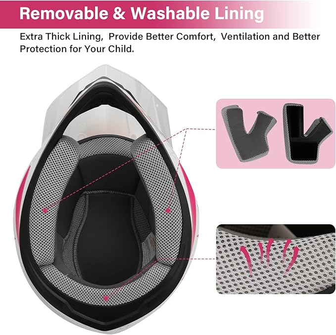 TCT-MOTORPARTS DOT Youth Kids Four Wheeler Girls Riding Helmet Motocross ATV Helmets Offroad Street Dirt Bike Go-Kart BMX MX Full Face Helmet Pink Star X-Large Size