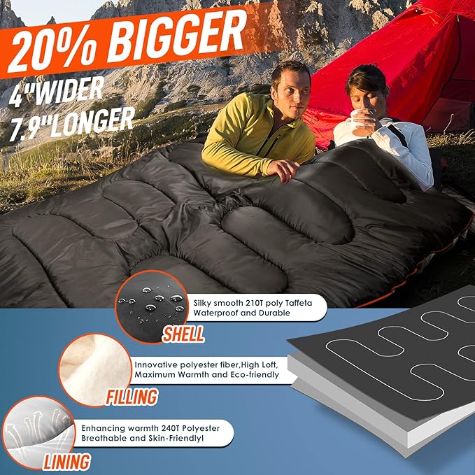 MEREZA Double Sleeping Bag for Adults Mens with Pillow, XL Queen Size Two Person Sleeping Bag for All Season Camping Hiking Backpacking 2 Person Sleeping Bags for Cold Weather & Warm