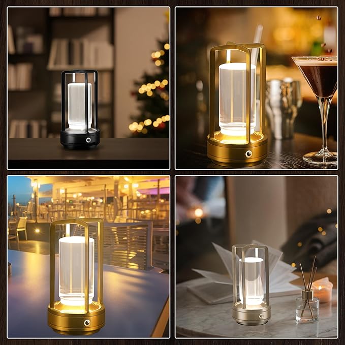 Portable Metal Table Lamp,Cordless Table Lamp, Rechargeable Battery Powered Portable LED Desk Lamp, 3 Color Stepless Dimming Touch, for Bedroom Restaurant Home Outdoor(Black)