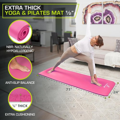 Extra Thick ½” Yoga & Pilates Mat - 71” High Density Foam with Carry Strap