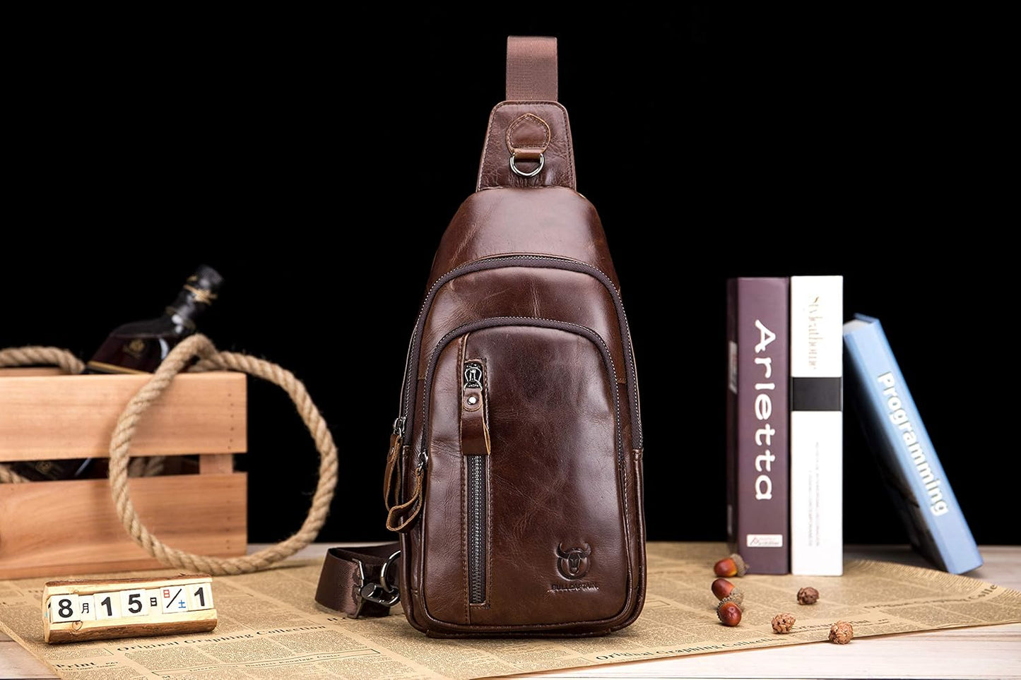 Sling Bag, Leather Chest Bag Crossbody Shoulder Business Backpack Outdoor Coffee