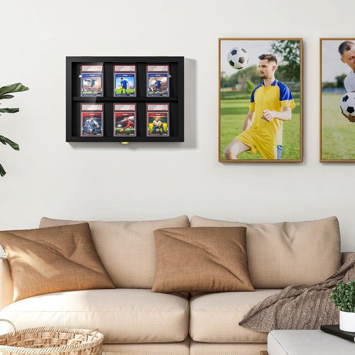 TJ.MOREE Card Display Case Baseball Card Display Case 6 Graded Sport Card Display Case Wall Mount for Baseball Football Basketball Hockey Trading Card Collection, Black