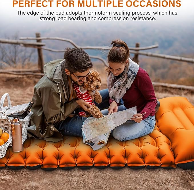 Camping Sleeping Pad, Ultralight Camping Mat with Pillow Built-in Foot Pump Inflatable Sleeping Pads Compact for Camping Backpacking Hiking Traveling - Orange