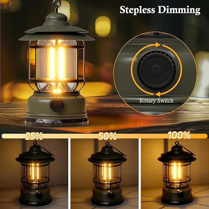 1 Pack Camping Lantern Battery Powered with Stepless Dimming, Rechargeable Battery LED Lantern for Power Outage, Camping Essentials Light for Emergency, Hurricane, Camping,Tent