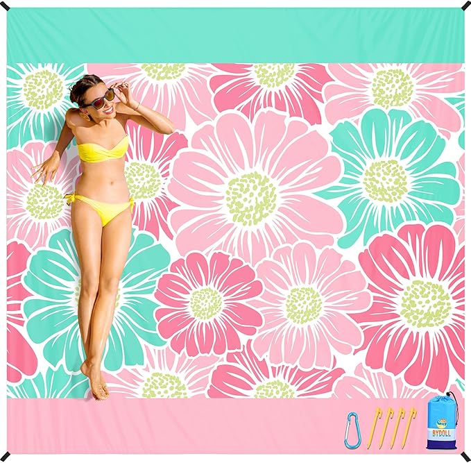 BYDOLL Beach Blanket Waterproof Sandproof 78''×81'' Suits1-4 Adults Compact Lightweight Oversized Sand-Free Blanket Large Picnic Mat for Beach Travel Camping Hiking