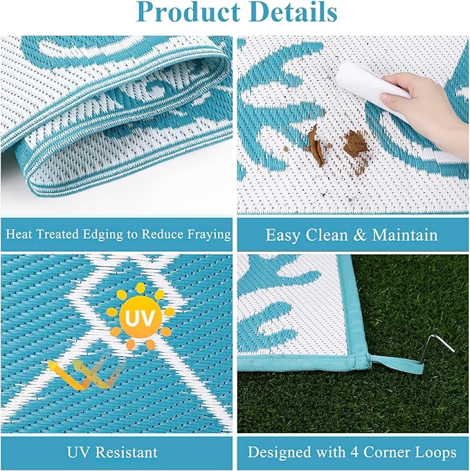 Vaukki Reversible Rugs, Plastic Straw Outdoor Doormat, Fade Resistant Plastic Outdoor Patio Mat, Lightweight Ocean Area Carpet for Patio, RV, Camping, Beach, Deck, Backyard and Picnic (Teal, 6'x9')