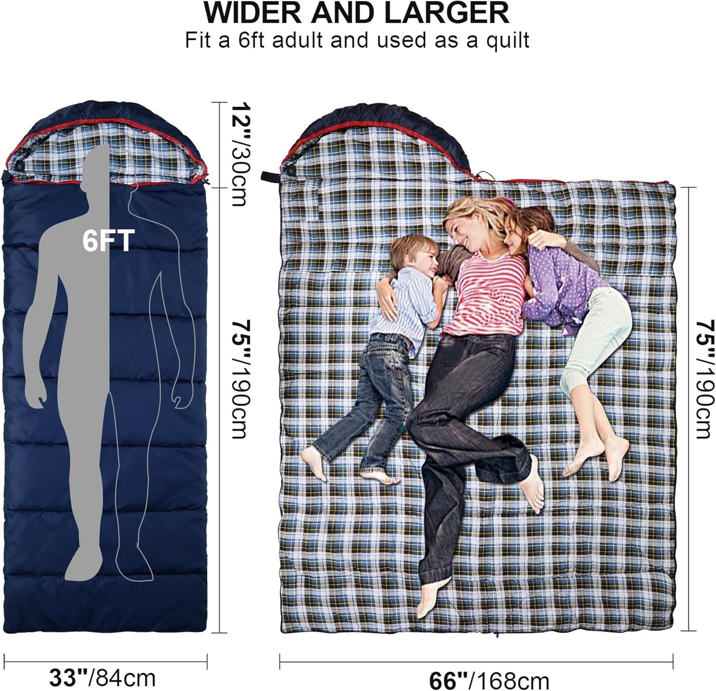 REDCAMP Flannel Sleeping Bag for Adults, Comfortable Cotton Sleeping Bags for Camping with Detachable Hood, Red/Grey/Blue