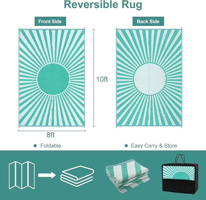 Wonnitar 8x10 Outdoor Rug Waterproof - Large Reversible Patio Rugs, Lightweight Plastic Straw Patios Mat for RV, Portable Outdoor Camping Carpet for Deck Picnic (Blue-Green, 8'x10')
