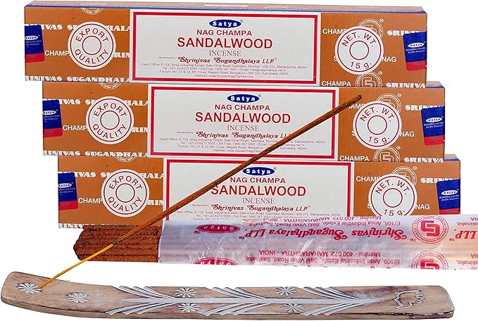 Satya Sandalwood Incense Sticks, Satya sai Baba Insenses 15gmx3 (45 gm) Pack with Raajsee Incense Holder Bundle, Satya Nag Champa Natural Incense
