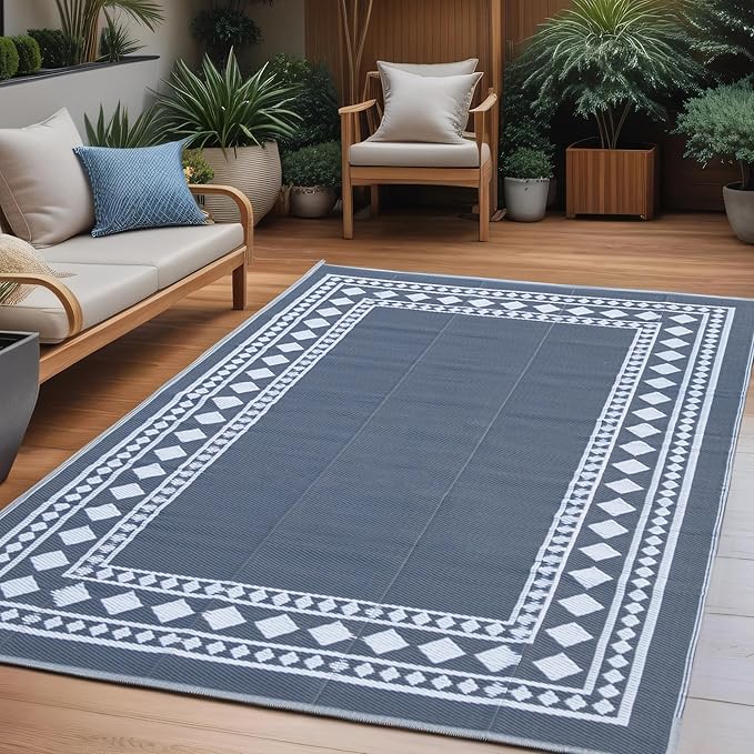 RURALITY Outdoor Rugs 6x9 Waterproof for Patios Clearance,Plastic Straw Mats for Backyard,Porch,Deck,Balcony,Grey and White
