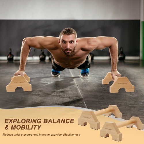 EVERYMATE Calisthenics Wood Parallettes Bars, Wood Push Up Bars Calisthenics Equipment for Home, Push Up Handles for Floor, Handstand Push Up Handles, Wrist Wraps Included