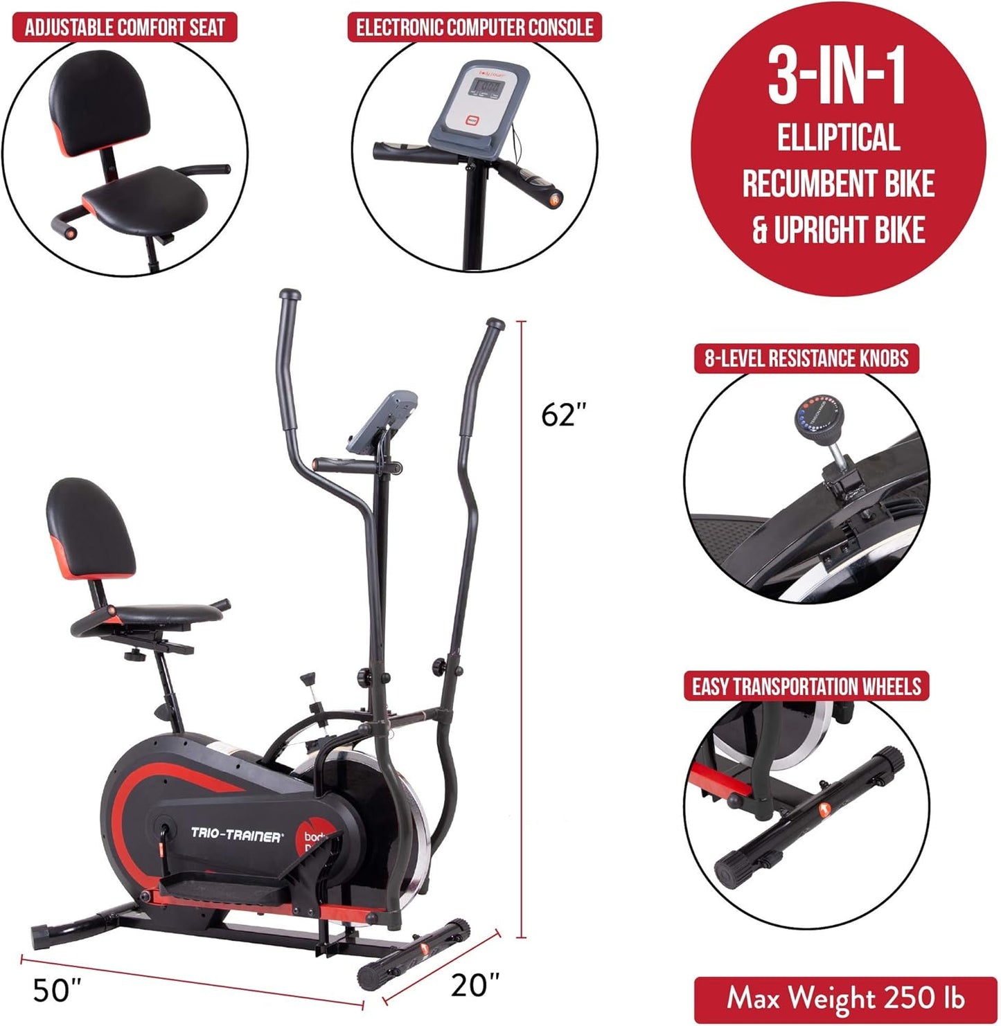 [BODY POWER] - 2nd Gen, PATENTED 3 in 1 Exercise Machine, Elliptical with Seat Back Cushion, Upright Cycling, and Reclined Bike Modes - Digital Computer Targets Different Body Parts, BRT5118