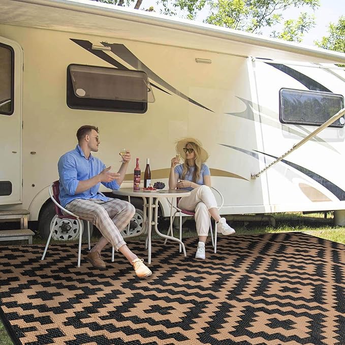 Outdoor Patio Plastic Straw Rug - 9'x18' Outdoor Camping Rug Waterproof Reversible, Area Carpet Patios Clearance RV, Outside Porch Balcony Deck for Camper, Black & Brown