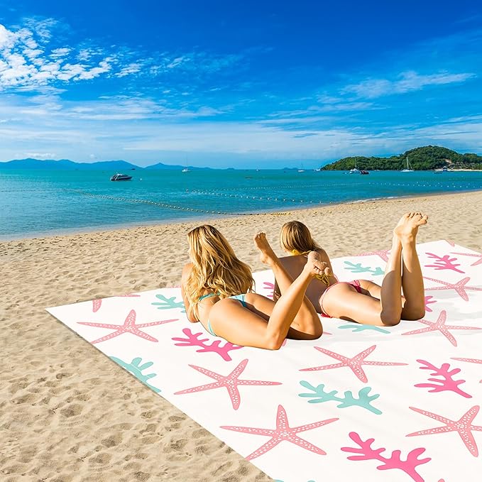 Beach Blanket Waterproof Sandproof, 78''×86'' Large Beach Mat Sand Free, Lightweight Compact Foldable Picnic Blankets w/ 4 Stakes & Pockets for Camping, Travel, Beach Vacation Essential Accessories