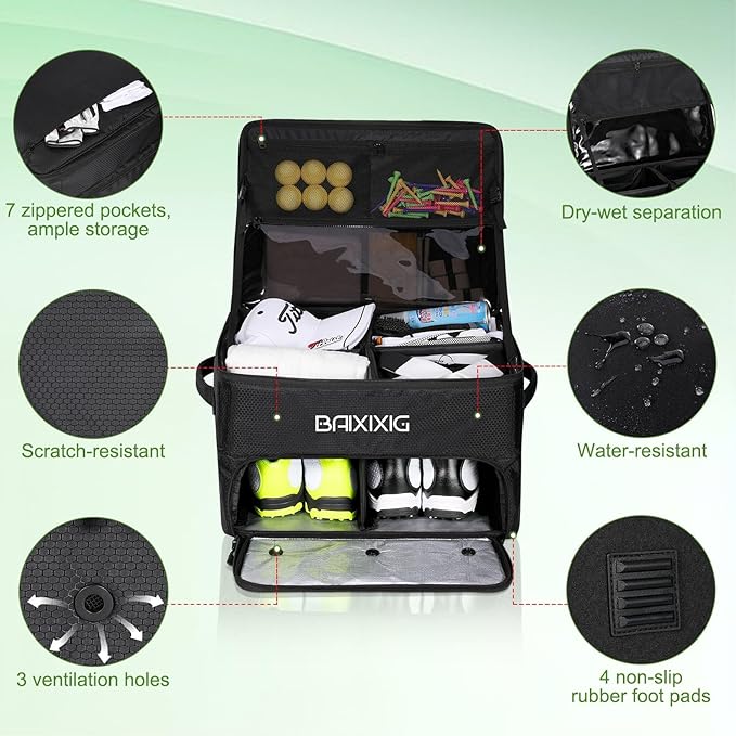 Golf Trunk Organizer, 2 Layer Waterproof Car Golf Locker with Separate Ventilated Compartment for 2 Pair Shoes, Golf Trunk Storage for Golf Accessories, Golf Gifts for Men