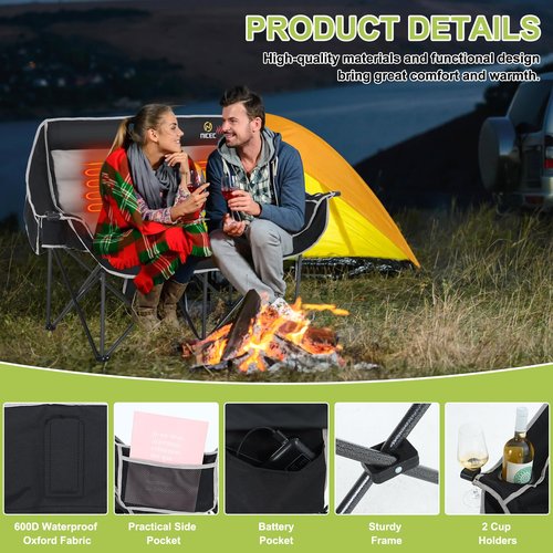 Nice C Heated Camping Chair with Battery, Outdoor Heated Folding Chairs, Double Padded Camping Chair for Adults, Camping Couch, with Cooler Bag, 2 Power Banks Included (Black&Grey)