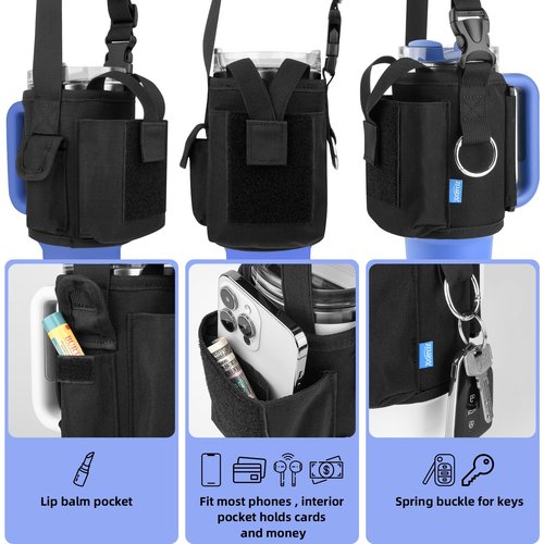 Xxerciz Water Bottle Carrier Pouch with Phone Pocket for Stanley 30 oz Tumbler with Handle, Nylon Water Bottle Holder Pouch with Adjustable Strap for Stanley Cup Accessories