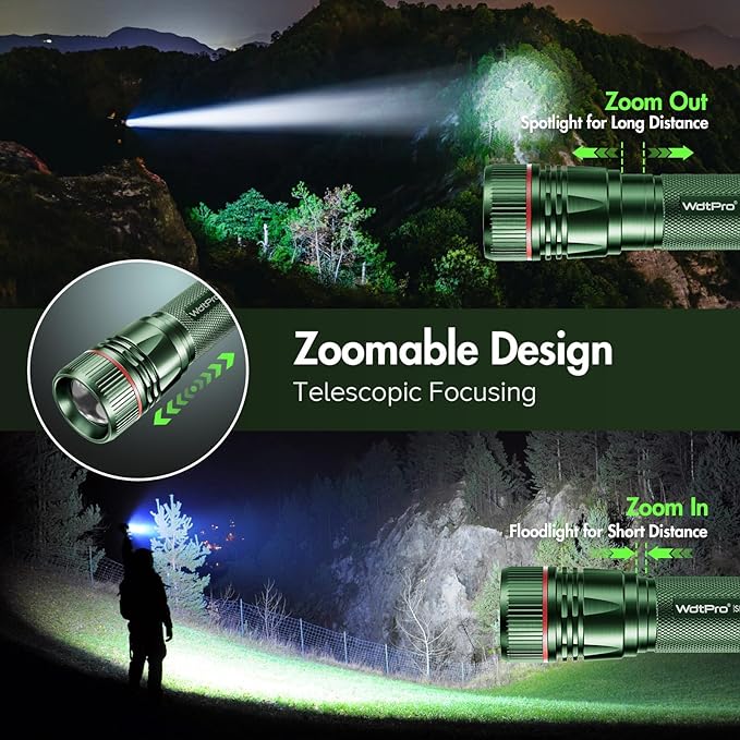 WdtPro Rechargeable Flashlights High Lumens, 2 Pack Super Bright LED Small Tactical EDC Flashlight with 10H Runtime, Portable Flash light for Camping, Home, Emergency Essentials Green Battery Included