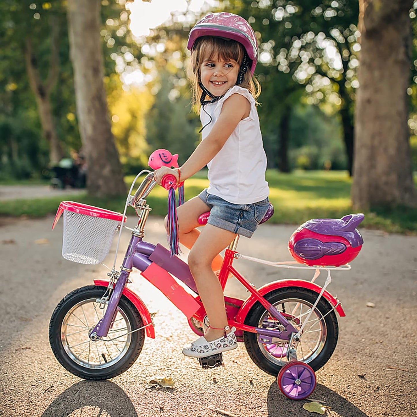 U-LIAN Kids Streamers and Bike Bell for Girls-1 Pack Flower Bicycle Bell with 2 Pack Handlebar Streamers Scooter Tassels for Children's Bike Accessories