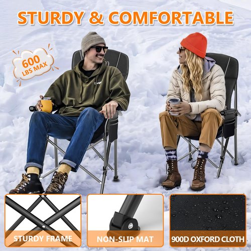 LVAOUO Heated Camping Chair with 20000mAh 12V Battery, 3 Heat Levels & 3-Zone Heating, Supports 600lbs - Portable Folding Chair for Camping, Fishing, Hiking, Lawn (Black)
