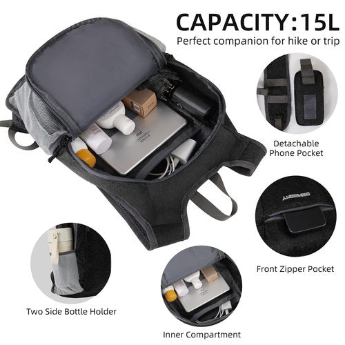 DENSENY 15L Hiking Backpack Travel Daypack Lightweight Small Foldable Packable Back Pack for Men and Women (Black, 15L)