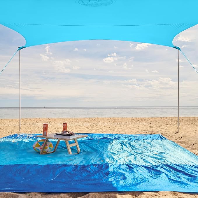WEKAPO Beach Tent Sun Shelter - Easy Setup Beach Canopy with 4 Sturdy Poles, Large Sandbags and Shovel, 6'7'' Tall, Windproof Sun Shade for Backyard and Camping, UPF 50+ Protection
