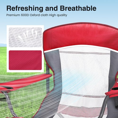 HIGH POINT SPORTS Portable Mesh Back Camping Folding Chair, Heavy Duty Fishing Lawn Chair, Padded Collapsible Outdoor Chair for Adults, Outdoor, Garden, Patio, Red, 2 Pack