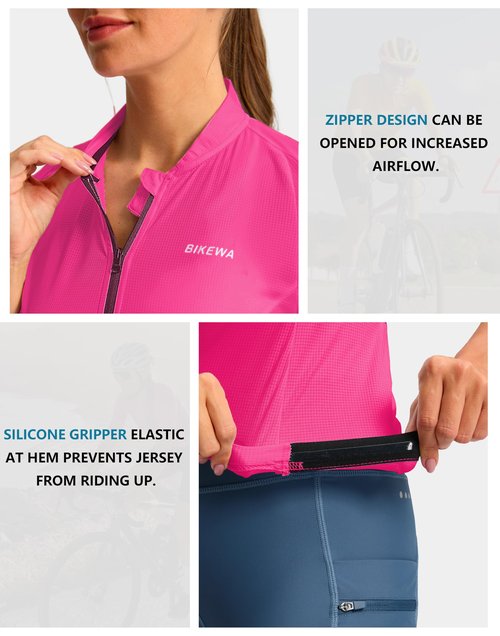 Women's Cycling Jersey Short Sleeve Bike Shirts Full Zipper Bicycle Biking Tops with Pockets Road Mountain Riding(FluorescentRosy,L)