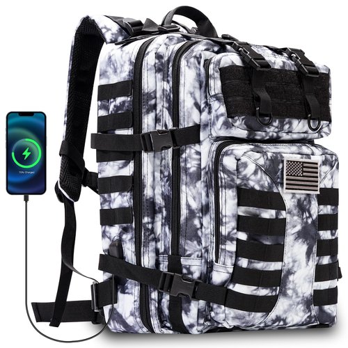 Ksttog Military Tactical Backpack - 45L Large Assault Tactical Backpacks Molle Hiking Pack 3 Days Bug Out Bag - Waterproof Army Rucksack Tactical Gear for Camping/Traveling/Gym/Fishing- Black/White