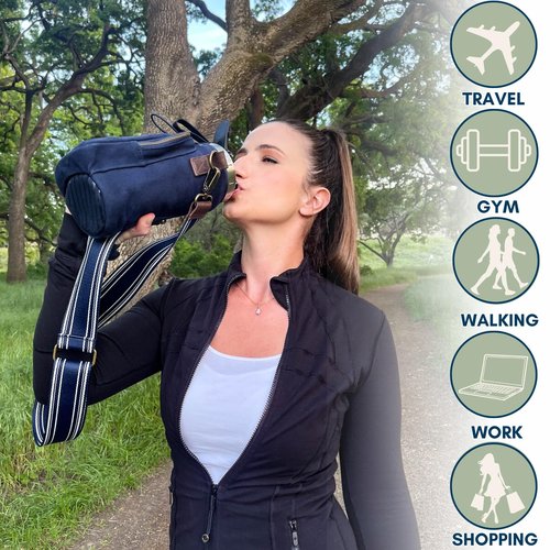 SOLLY AND RUE Water Bottle Holder With Wide Strap and Pocket | Insulated | Genuine Leather | Durable Cotton Canvas | Water Bottle Purse For Women | Walking Travel Daily Use | 16 to 32 oz