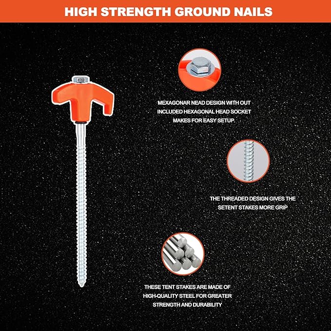 20PCS Camping Tent Stakes Heavy Duty,8 Inch Screw in Tent Stakes Heavy Duty,Nightglow Metal Tent Stakes,with Hex Head Driver,Nail Lifter,Ropes,Orange