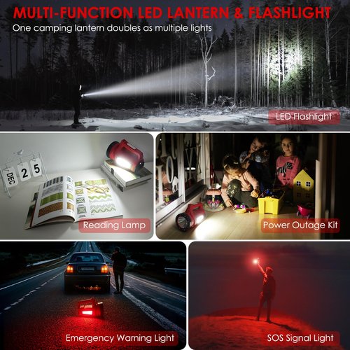 BOBKID Rechargeable LED Flashlight, Camping Lantern Flashlight with 1000LM, 7 Modes, Power Bank, IPX4 Waterproof Camping Essentials Light for Hurricane Emergency Hiking Survival Kits - Red